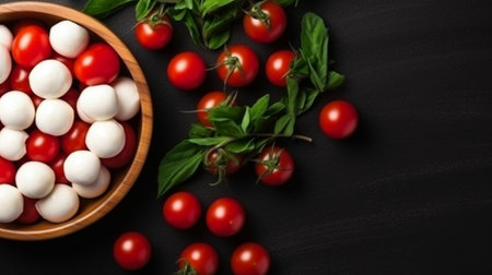 Generative AI : Mozzarella cheese balls with tomatoes and basil Dark slate background Top viewの素材