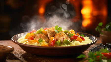 Generative AI : Tagine with cooked chicken and vegetables Traditional moroccan cuisine Wooden background Copy spaceの素材