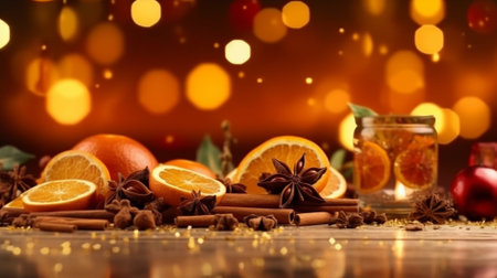 Generative AI : Mulled white wine with spices orange slices on New year and Christmas background Copy space Top viewの素材