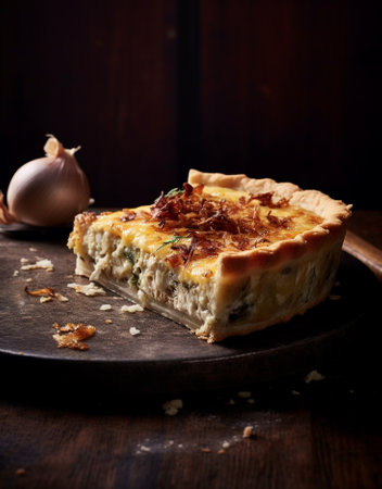 Generative AI : Mushroom champignon pie quiche slice on a ceramic plate on a white wooden backgroundの素材