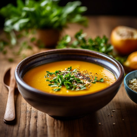 Generative AI : Pumpkin and carrot soup tadka with cream and parsley on dark wooden background Top viewの素材