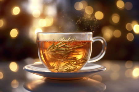 Generative AI : Tea cup with rosemary honey and lemon Grey background Close upの素材
