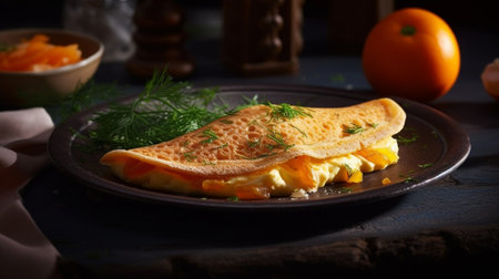 Generative AI : Omelet with smoked salmon and broccoli on a plateの素材