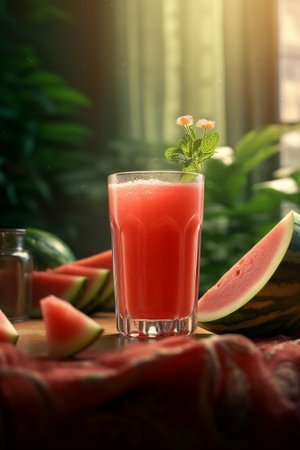Generative AI : Watermelon juice fresh smoothie on colorful wooden background with palm leaves Top viewの素材
