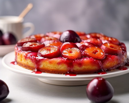 Generative AI : Plum galette pie Grey background Close upの素材