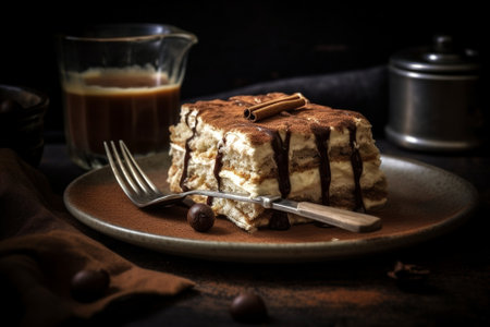 Generative AI : Tiramisu cake with chocolate decoration on a plate Wooden background Copy space Top viewの素材