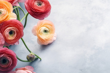 Generative AI : White ranunculus flowers Blue background Copy spaceの素材