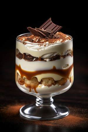 Generative AI : Tiramisu dessert in glass on table onfectionery shop menu Grey backgroundの素材