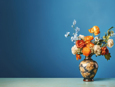 Generative AI : White ranunculus flowers in a ceramic vase Blue background Copy spaceの素材