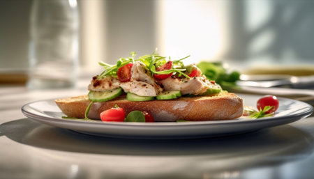 Generative AI : Vegetarian Ciabatta with tomatoes grilled cheese haloumi avocado and lettuce with french fries on white plate Summer backgroundの素材