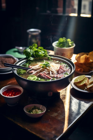 Generative AI : Traditional Vietnamese beef soup photo on a wooden backgroundの素材