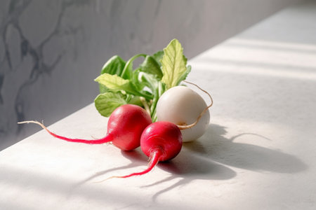 Generative AI : Radish bunch on grey stone background Copy space Top viewの素材