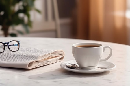 Generative AI : A cup of coffee with cookies and morning newspaper Breakfast tableの素材