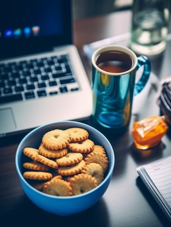 Generative AI : A cup of coffee with cookies and day planner organizer and postcard Breakfast tableの素材