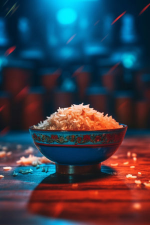 Generative AI : Asian fried rice Blue wooden background Close upの素材