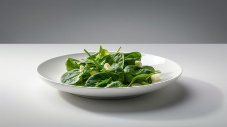 Generative AI : Broccoli baby spinach and green beans salad in ceramic bowl with olive oil on a white wooden backgroundの素材