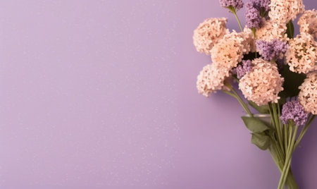 Generative AI : Bunch of lilac flowers in a cooper vintage jug Blue background Copy spaceの素材