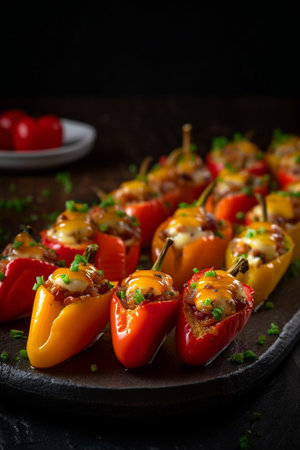 Generative AI : Baked stuffed bell peppers filled with spelt wheat rice vegetables on a dark plate stone backgroundの素材