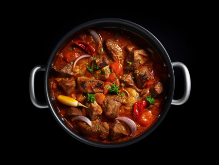 Generative AI : Beef shredded meat with sauce in black pan Grey background Close upの素材