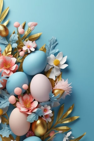 Generative AI : Easter colorful eggs with a bunny and white flowers Blue background Top viewの素材