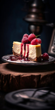 Generative AI : Cheesecake dessert with fresh berries and cup of coffee Dark backgroundの素材
