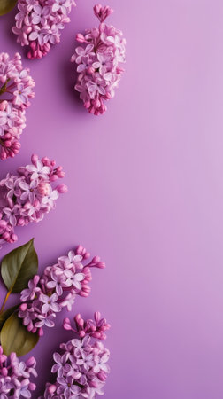 Generative AI : Bunch of lilac flowers on a turquoise background Top view Copy spaceの素材