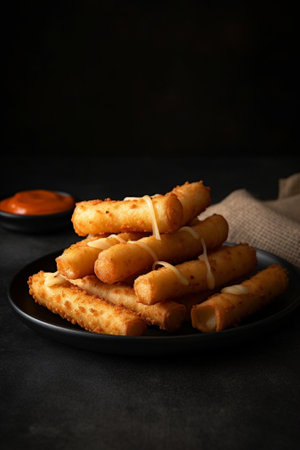 Generative AI : Cheese bread sticks on a dark slate background Selective focus Copy spaceの素材