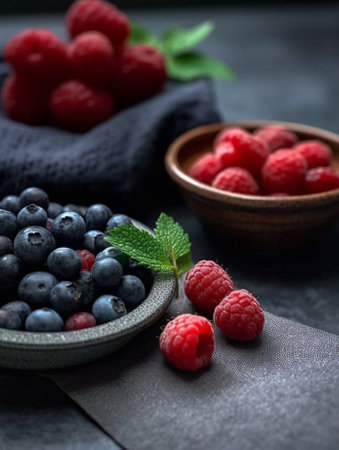 Generative AI : Blueberry and blackberry berries in black bowl on blue stone backgroundの素材