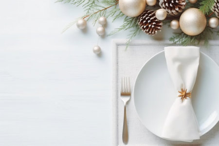 Generative AI : Christmas and New year table place setting with christmas decorations Copy spaceの素材