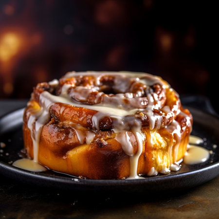 Generative AI : Cinnamon rolls cinnabons on black plate Grey background Top viewの素材