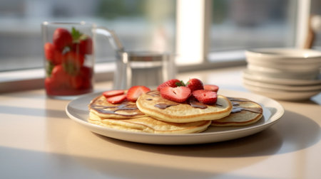 Generative AI : Crepes thin pancakes with fresh strawberry and ricotta with cup of tea Marble backgroundの素材