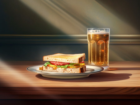 Generative AI : Club sandwich with french fries and glass of beer on a wooden tableの素材