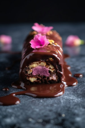 Generative AI : Chocolate dessert salami with pistachio nuts port and cranberry on a wooden backgroundの素材