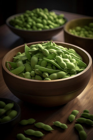 Generative AI : Fresh edamame green beans in black bowl Grey background Top view Copy spaceの素材