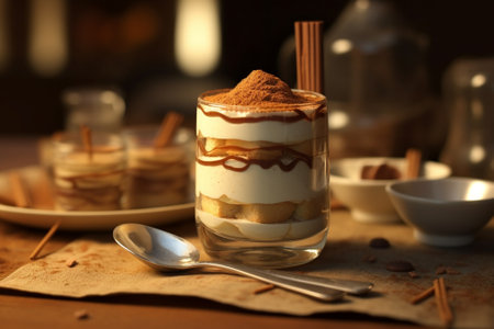 Generative AI : Coffee and rum flavor tiramisu in glass cups on a wooden tableの素材