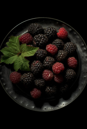 Generative AI : Fresh raspberries on a black bowl Stone background Top viewの素材