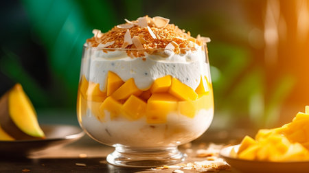 Generative AI : Fresh mango fruit with yogurt and granola in jars Blue stone background Close upの素材