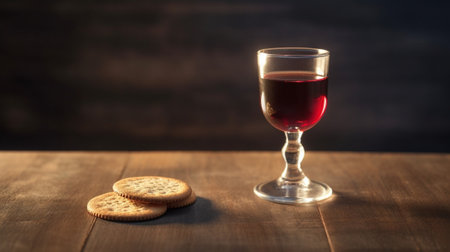 Generative AI : Glass of red wine on wooden table Blue background Copy spaceの素材