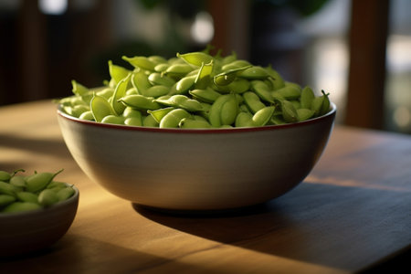 Generative AI : Fresh edamame green beans in black bowl Grey background Top view Copy spaceの素材