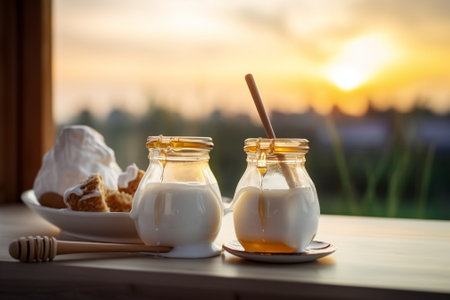 Generative AI : Greek yogurt in glass jars on a metal vintage tray and wooden backgroundの素材