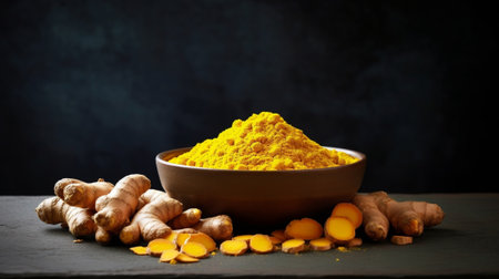 Generative AI : Fresh and dried turmeric roots in a wooden bowl Grey textile background Close upの素材