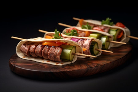 Generative AI : Grilled meat kebabs vegetables on a black plate with tortillas flat bread Slate background Top viewの素材