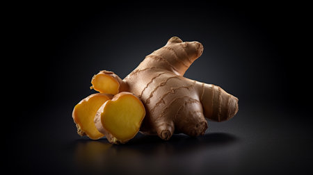 Generative AI : Fresh ginger root with slices Dark background Copy space Top viewの素材
