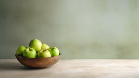 Generative AI : Green Apples and pear on a white wooden background Copy spaceの素材