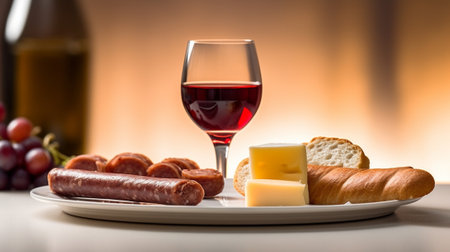 Generative AI : Grape cheese figs and honey with a glasses of red and white wine Copy spaceの素材