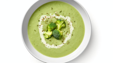 Generative AI : Broccoli cream soup in a bowl with toasted bread Top viewの素材