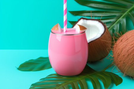 Generative AI : Fresh watermelon juice smoothie on blue background with palm leaf Top viewの素材