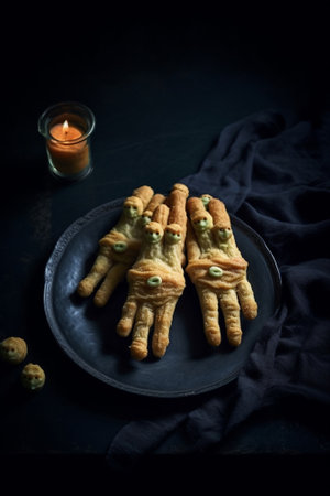 Generative AI : Halloween cupcakes with witches fingers cookies Black slate background Top viewの素材
