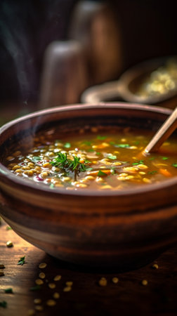 Generative AI : Lentil soup with pita bread in a ceramic white bowl on a wooden background Close upの素材