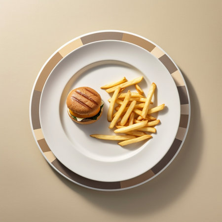 Generative AI : Meat pie with french fries on a white plate Wooden background Close upの素材